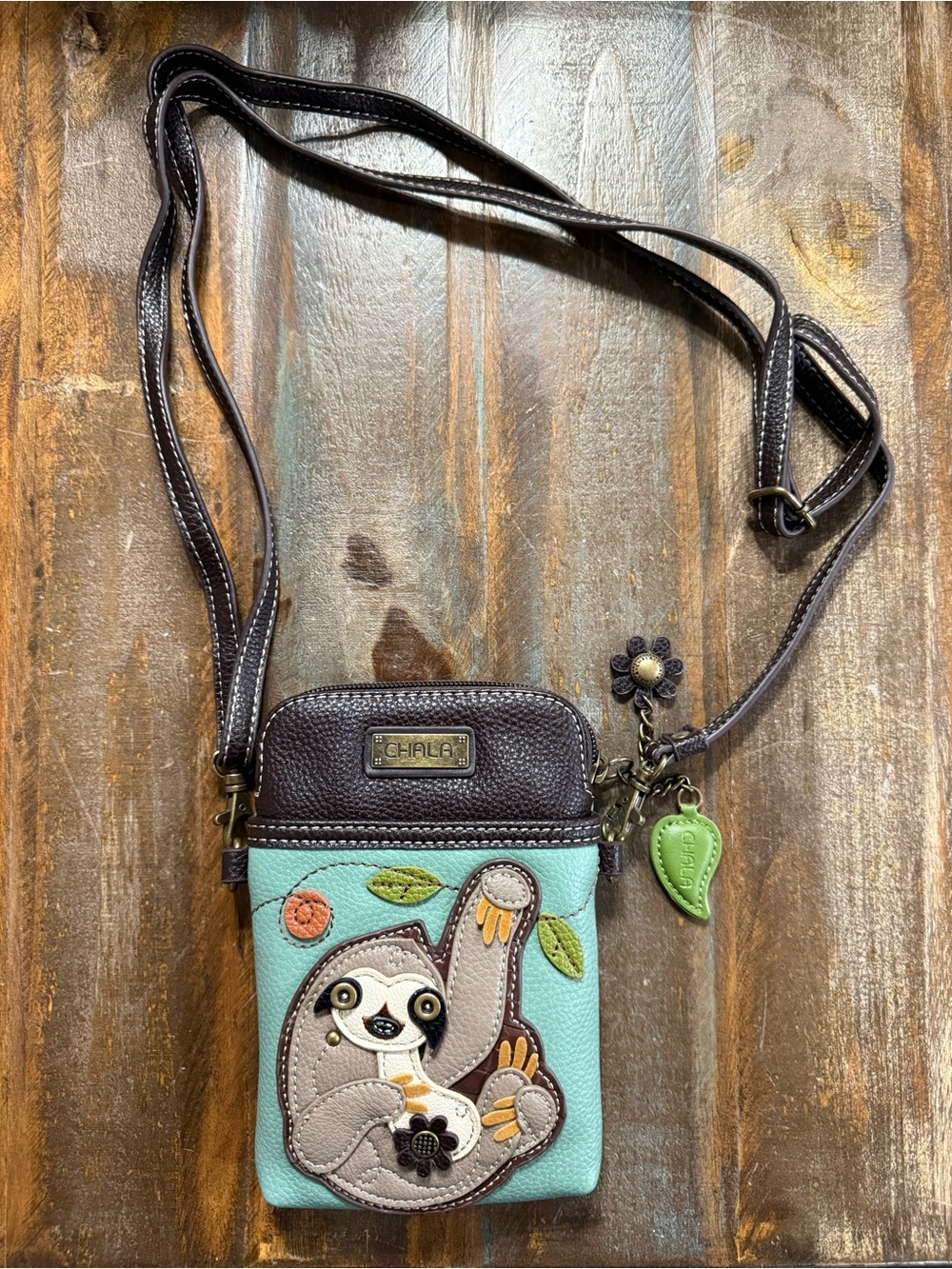 CHALA Sloth Cell Phone Crossbody Bag Teal Brown Leather NWOT
